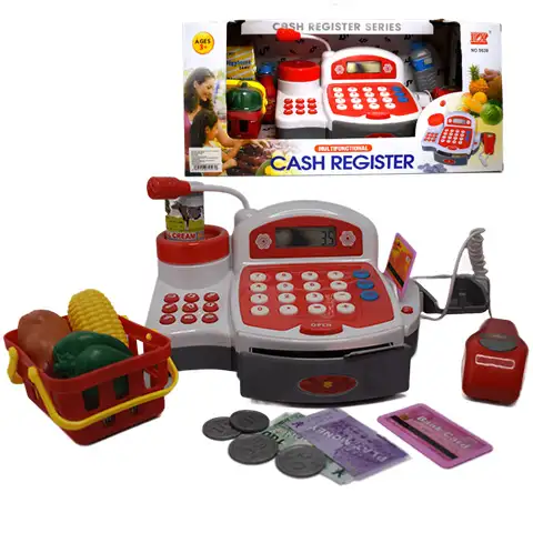 Rote funktionale elektrische Registrierkasse mit Spielgeld, Produkten und Geräuschen