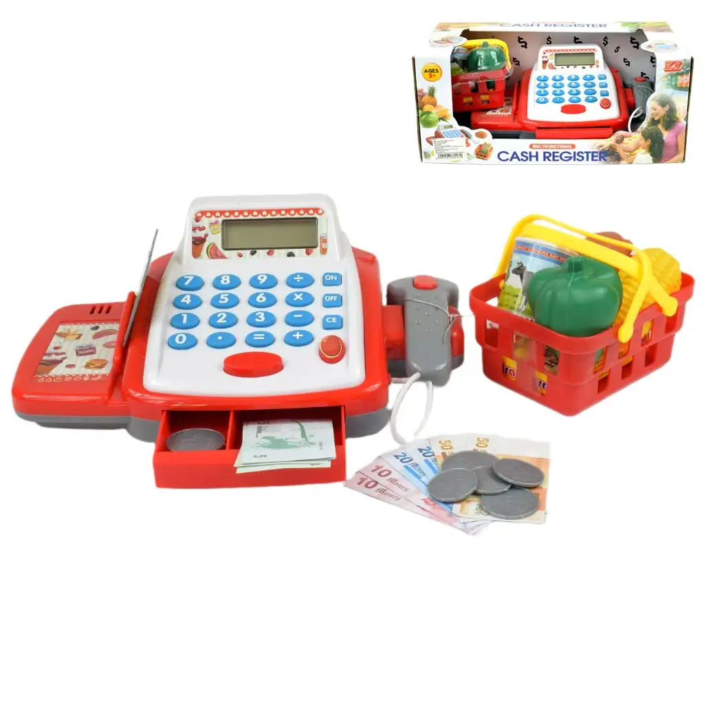 Weiß-rote elektronische Registrierkasse mit Geräuschen, Produkten und Spielgeld 25x10x14cm
