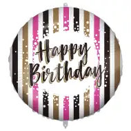 Geburtstags-Folienballon – mit der Aufschrift „Happy Birthday“, gold-schwarz-rosa gestreiftes Design, 46 cm
