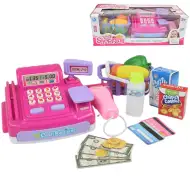 Happy Shopping: Rosa Registrierkasse mit Geräuschen, Produkten und Spielgeld 27cm
