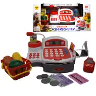 Rote funktionale elektrische Registrierkasse mit Spielgeld, Produkten und Geräuschen