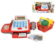 Weiß-rote elektronische Registrierkasse mit Geräuschen, Produkten und Spielgeld 25x10x14cm