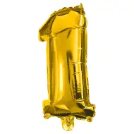 Zahlreiche Folienballons in Goldfarbe – Zahl 1, 32 cm
