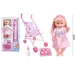 Blonde Haar Puppe mit Kinderwagen, Babyflasche und Essgeschirr.