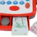 Weiß-rote elektronische Registrierkasse mit Geräuschen, Produkten und Spielgeld 25x10x14cm